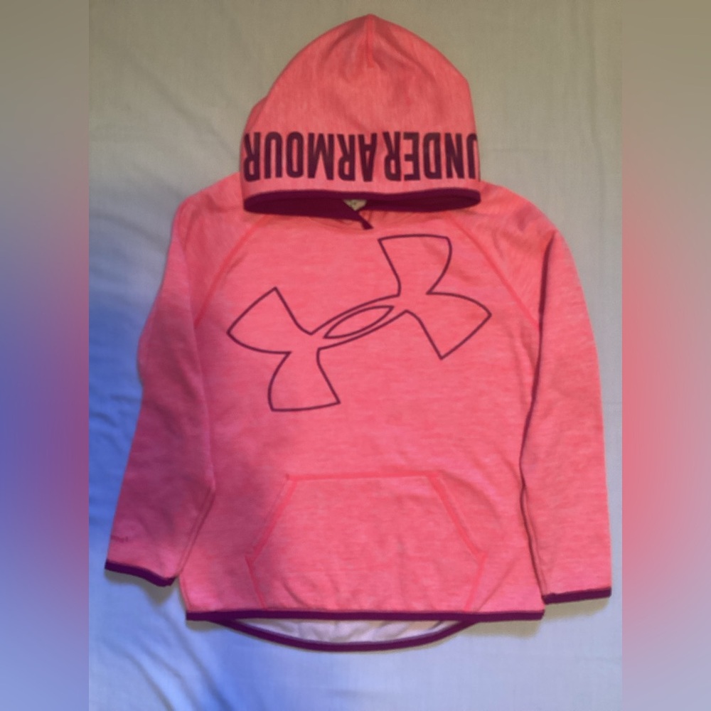 Under Armour Youth Girls Small Pink Hoodie Sweatshirt Pullover,cold Gear, Loose